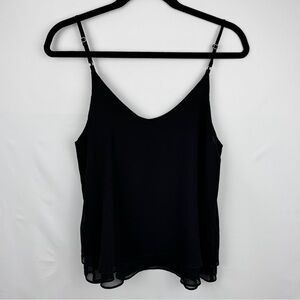 Black Cami Tank Top Double Layer Flowy V Neck Adjustable Spaghetti Straps Sz M